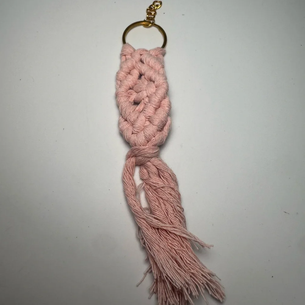 Light Pink Macrame Keychain Tassel Woven Bag Charm w/Gold Key Ring | Gifts